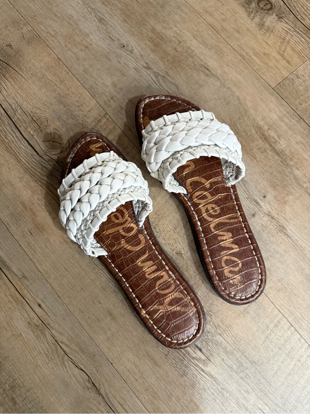 Sam Edelman White Braided Slide Sandals with Brown Croc Footbed